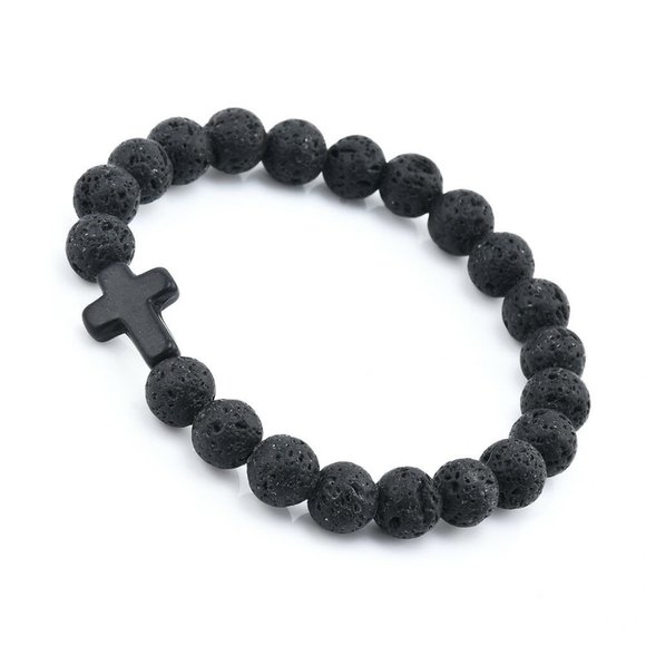 Other - NWOT Black Lava Rock Beaded Black Cross Bracelet